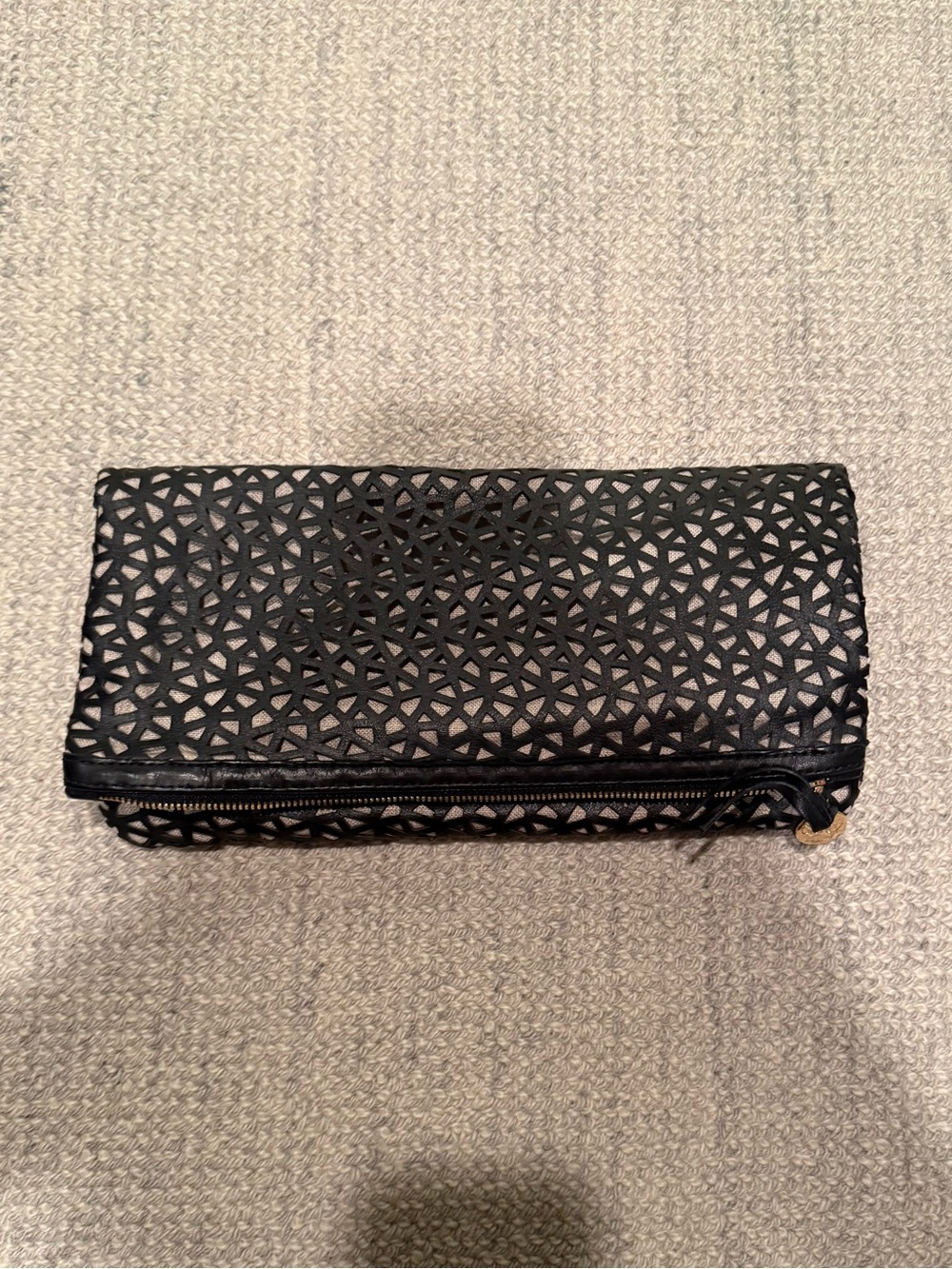 Clare V. Black Laser-Cut Foldover Clutch with Zip Detail